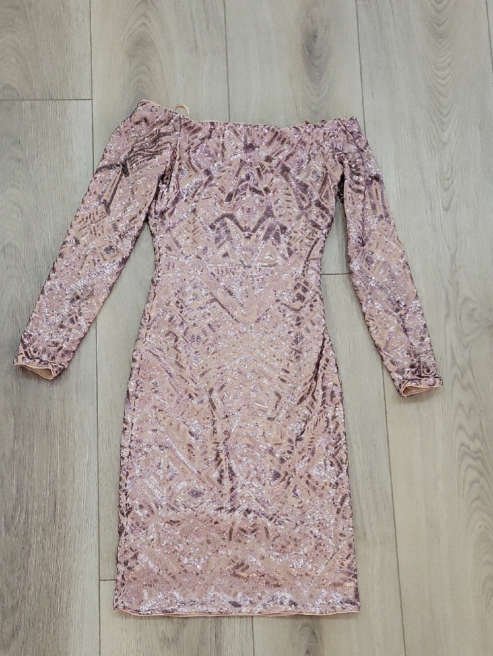 BCBGMaxAzria Blush Pink Off-Shoulder Sequin Long Sleeve Dress